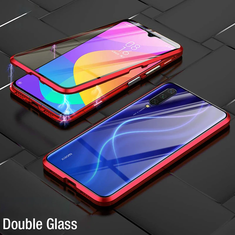 Роскошное магнитное поглощение двухстороннее закаленное стекло для Xiaomi mi 9 mi 9 SE металлическая откидная задняя крышка-чехол для телефона Xiao mi 9 mi 9SE сумка - Цвет: Red Double Glass