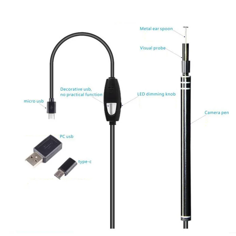 Многофункциональный USB эндоскоп для чистки ушей 5 мм визуальная ложка с камерой