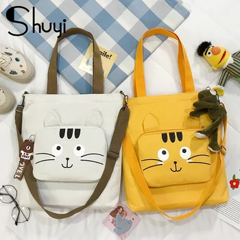 

Cartoon women's bag 2020 fashion yellow canvas cat ear women's shoulder bag multi-function handbag messenger bag shopping bags