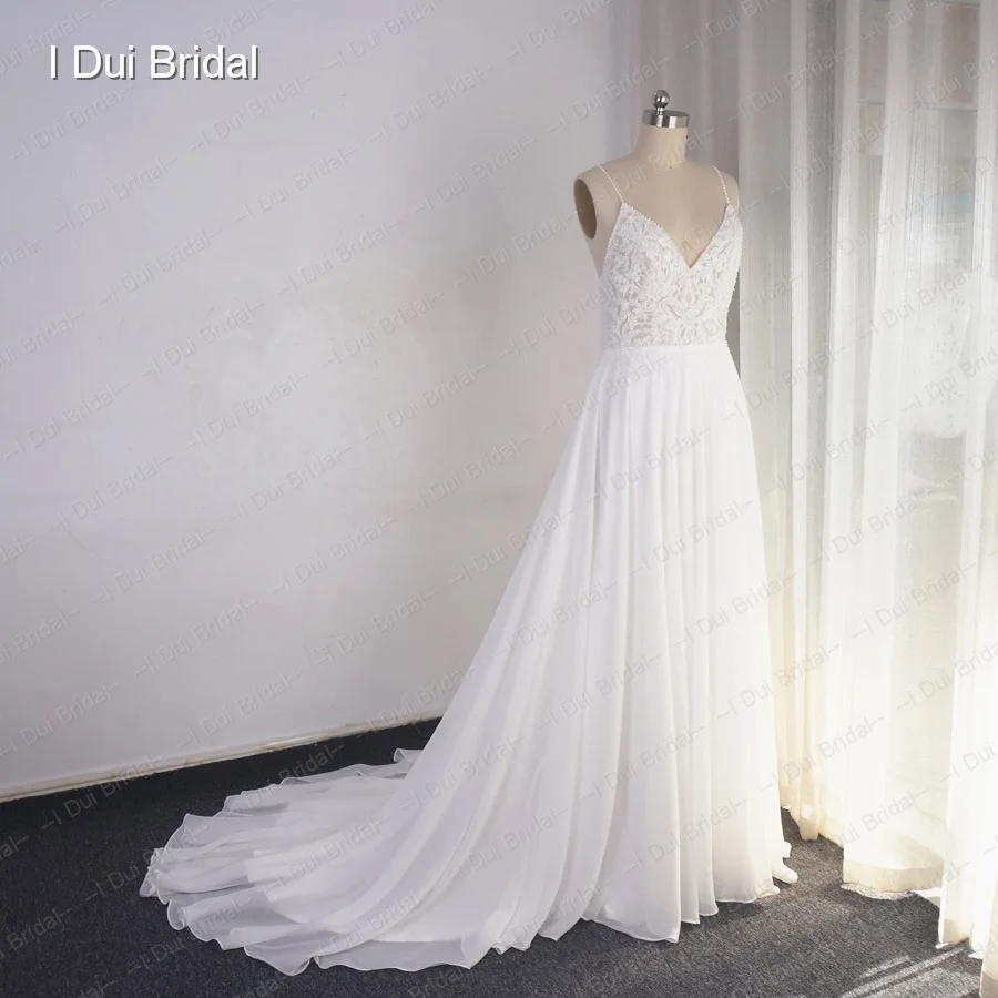 chiffon All ivory Спагетти ремень свадебное платье Линия Кружева Аппликация жемчужина бисером Топ Тюль юбка - Цвет: chiffon All ivory