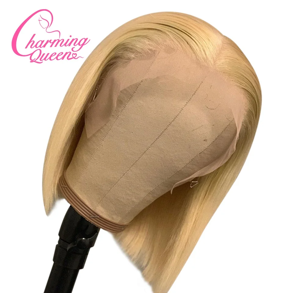 Blonde Синий Боб 13*4 человеческие волосы на кружеве парики 613 блонд Парик желтый темно-синий оранжевый короткий прямой боб парик 130% предварительно выщипанные волосы remy - Цвет: Blonde