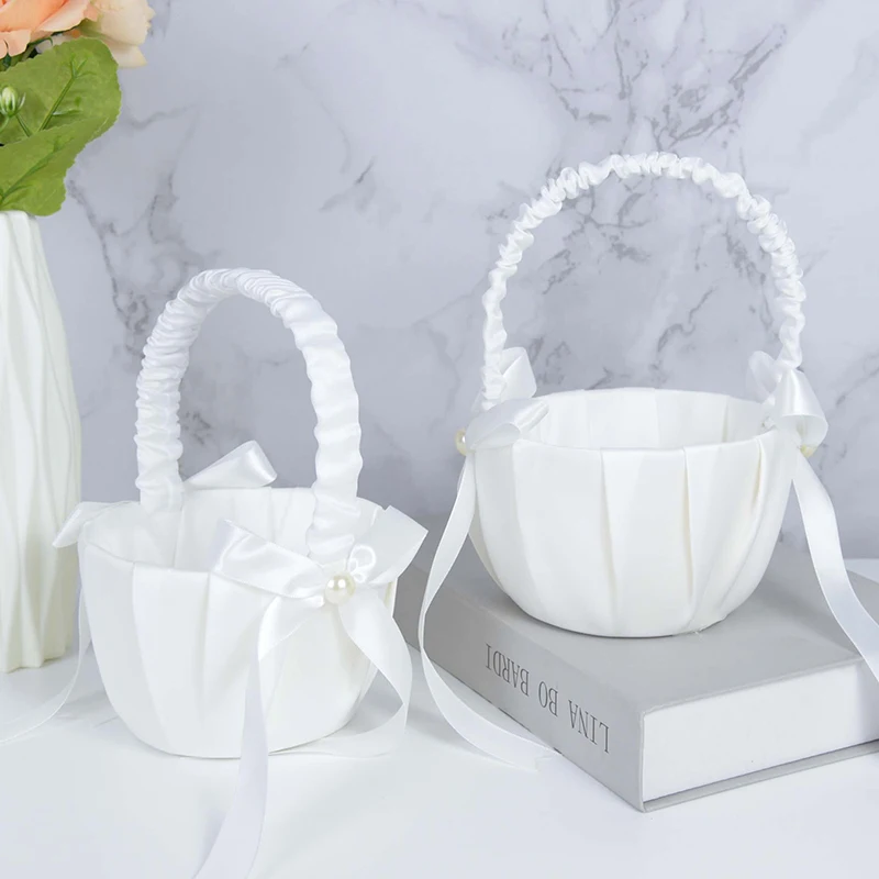 Wedding Flower Girl Basket For Ceremony Wedding Decoration Bowknot Satin Basket Storage Flower Girl Basket Gift Container