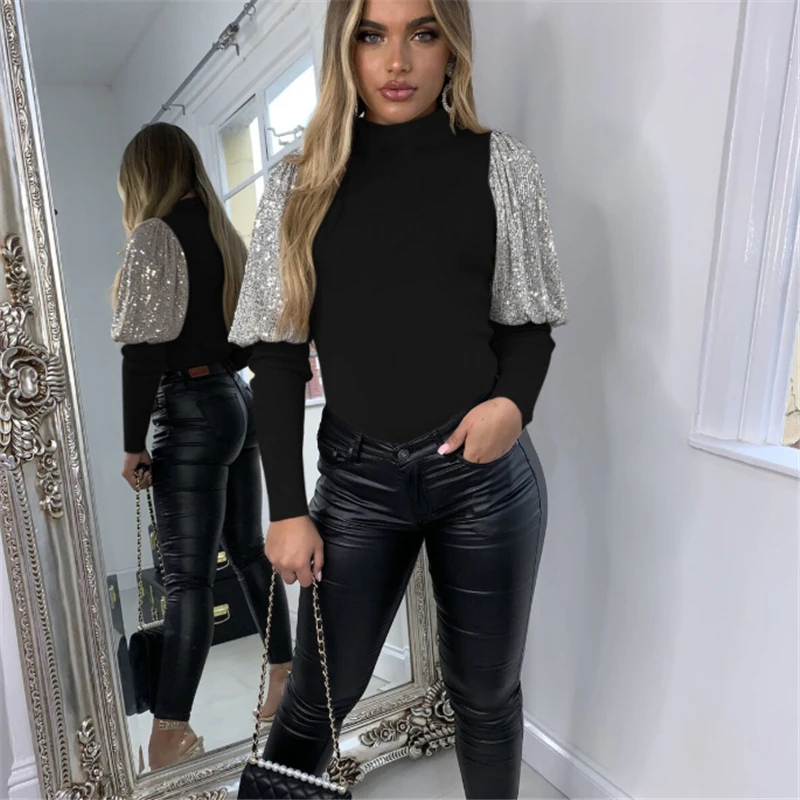 Модная женская однотонная блуза с блестками в стиле пэчворк длинным рукавом