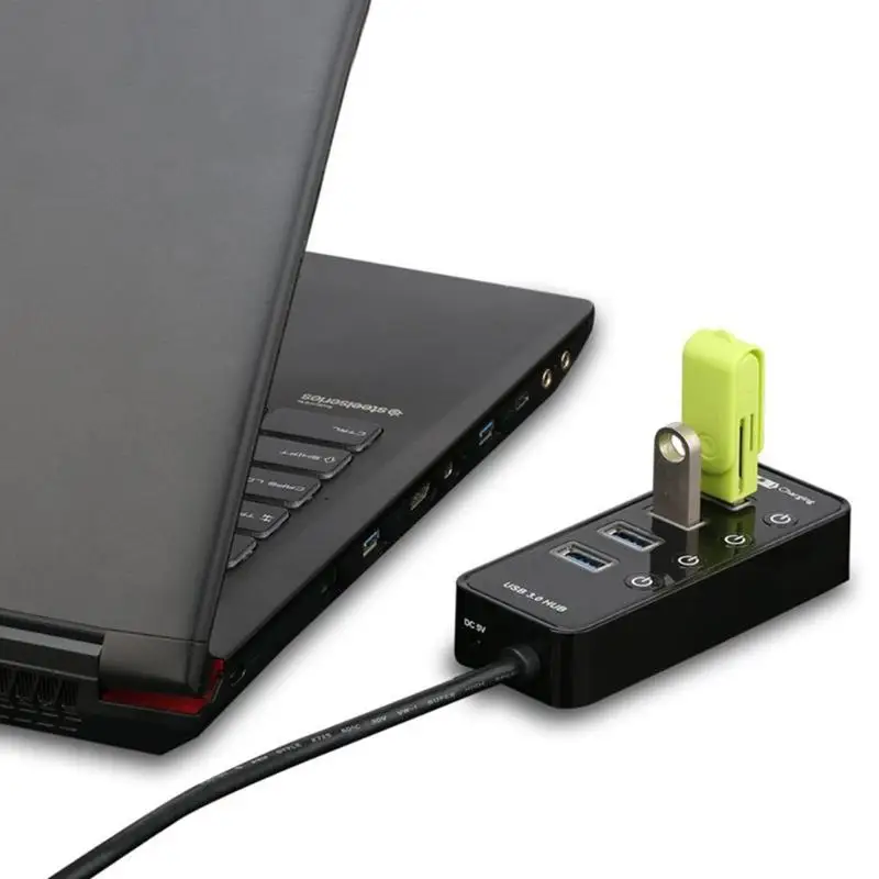 Высокоскоростной USB 3,0 концентратор 5 Гбит/с 4 порта 2.4A/1A 1 USB умный зарядный порт адаптер с индивидуальным переключателем ВКЛ/ВЫКЛ порта черный