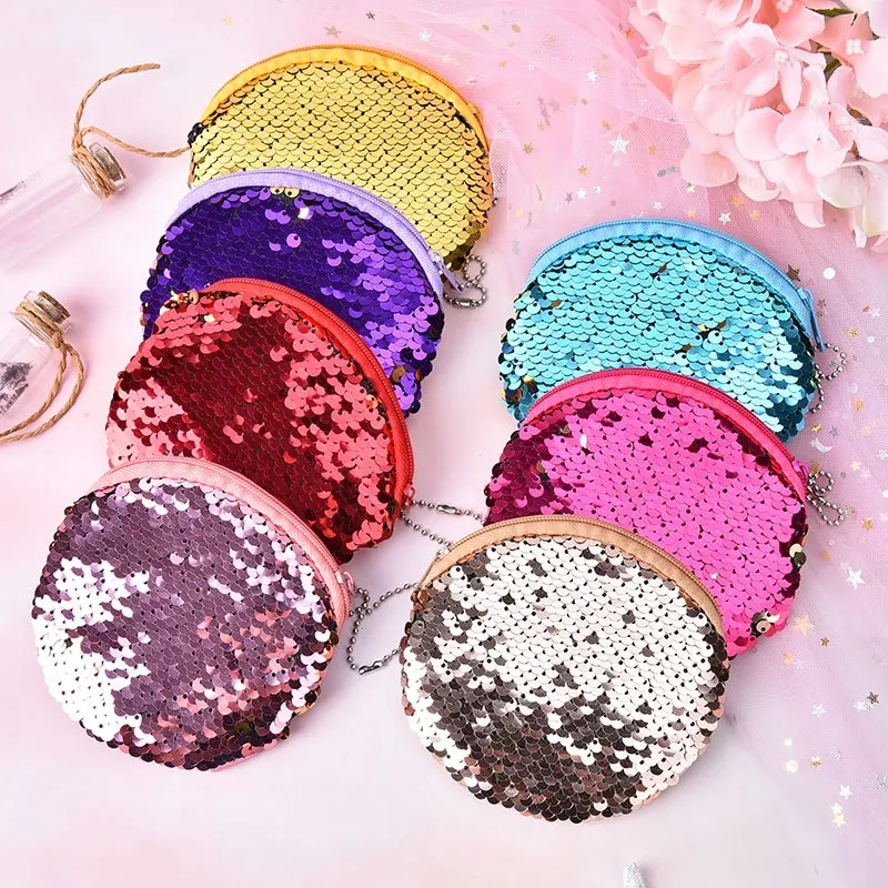 Women Sequines Coin Purse Round Zipper Purse Pocket Change Wallet For Girls Organizer Earphone Pouch Portable Cute Childern Bags