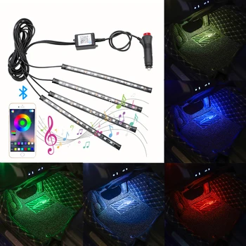 

4 in 1 App Bluetooth Control RGB LED Strip Lights Car Interior Lights Car Floor Atmosphere Lamp Sound Music Control