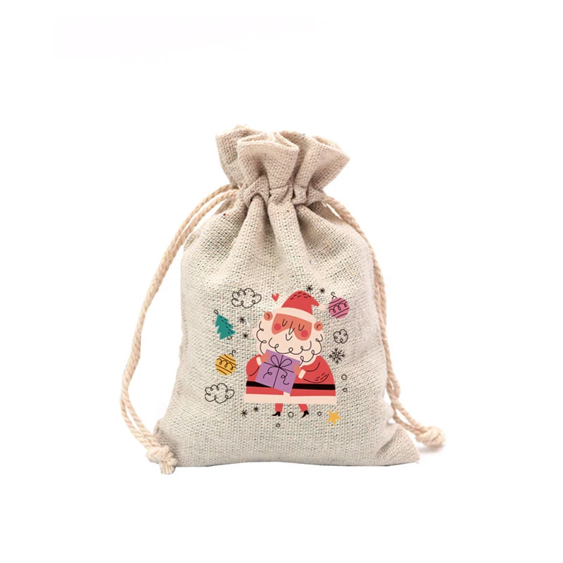 

Drawstring Linen Cotton Gift Bag 10x14cm 3pcs Christmas Printing Muslin Pouch Wedding Favor Candy Bags Jewelry Packaging Sachets