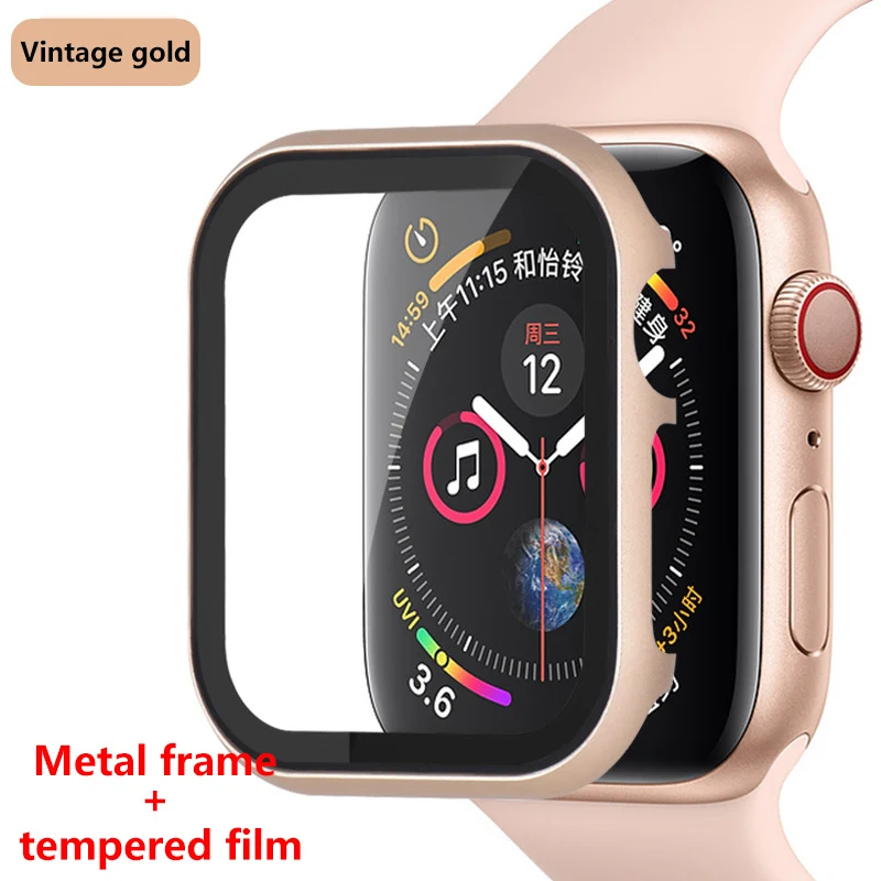Vintage gold Стекло+ рамка алюминиевый чехол для Apple Watch 5 4 44 мм 40 мм iwatch 3 группа 42 мм 38 мм металлический бампер универсальная защитная рамка для экрана - Цвет ремешка: Vintage gold