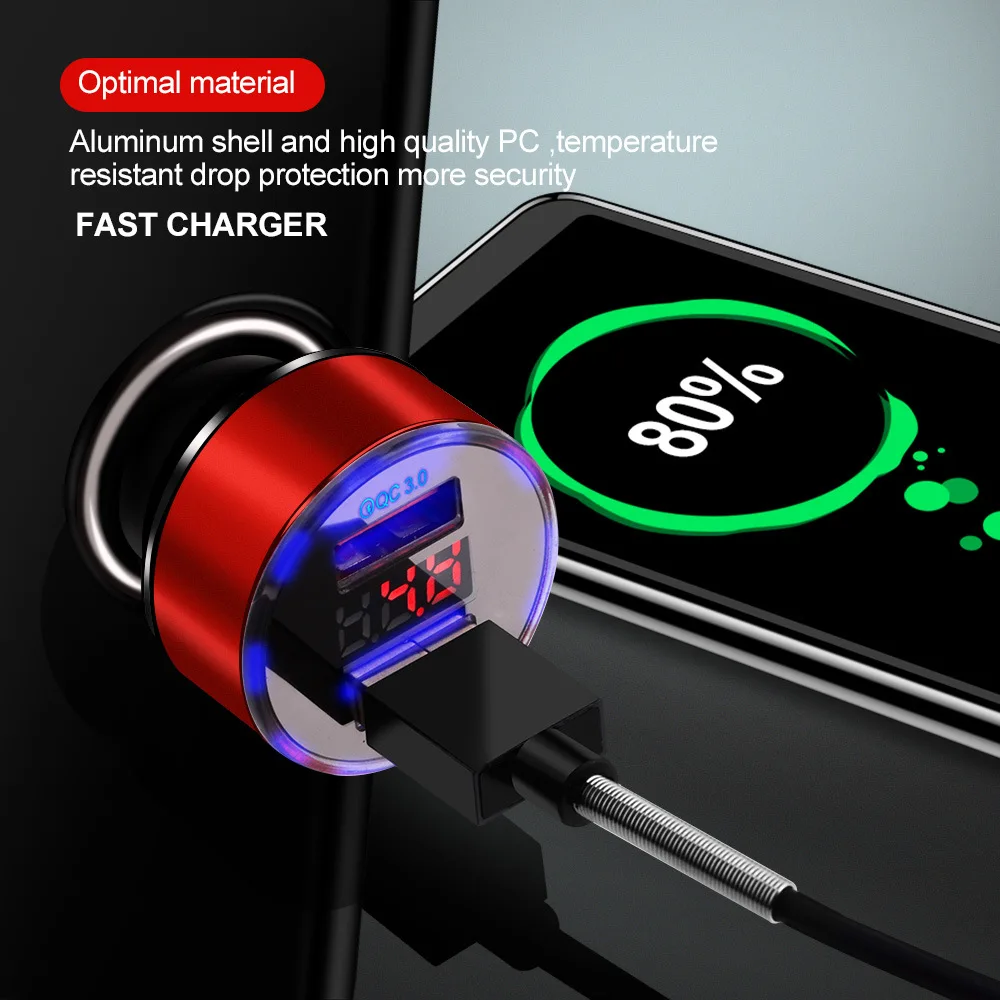 Car Charger Dual USB QC 3.0 Adapter Cigarette Lighter LED Voltmeter For All Types Mobile Phone Charger Smart Dual USB Charging 6