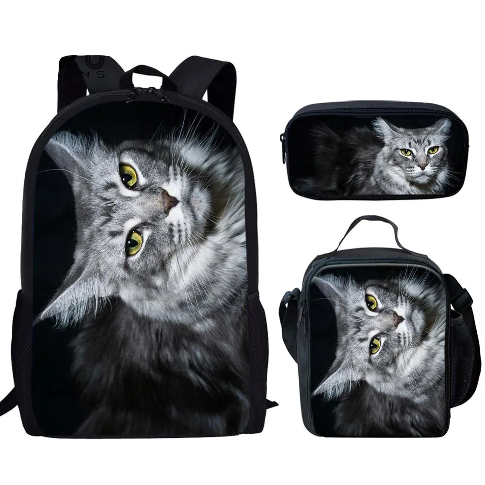Mens School Bags Set Maine Coon Cat 3D Printing Bags For School Student Schoolbags Black Multifunctional Backpack