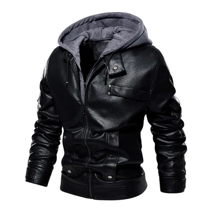 Men's Leather Jacket Casual Motorcycle Removable Hooded Pu Leather Jacket 2021 New Male Zipper PU Coat Warm Outerwear Clothing