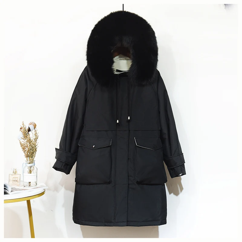 FTLZZ Large Natural Fox Fur Hooded Winter Long Jacket Women 90% White Duck Down Warm Thickness Down Parkas Tie Up Snow Outwear