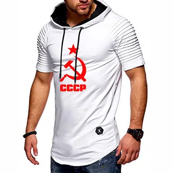 

Summer Men's T-Shirt for CCCP Russian USSR Soviet Union Print Folds Cotton Mens Short sleeve Hooded Fashion Mens T-Shirt Tops V
