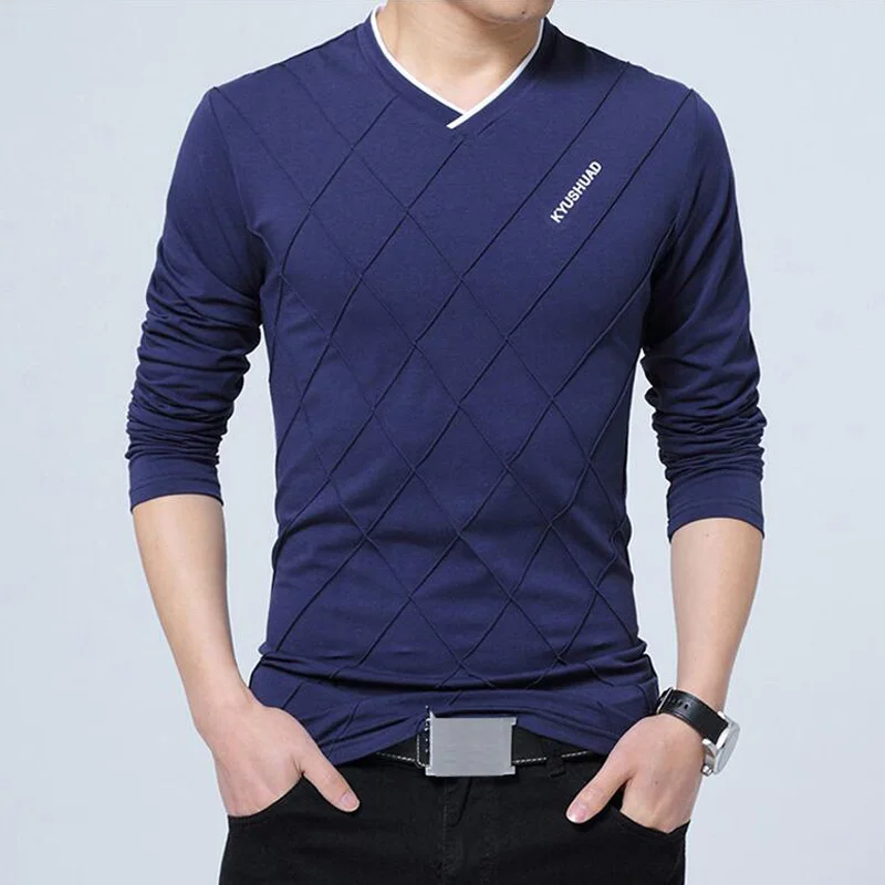 Тёмно-синий New T Shirt Men Long Sleeve Tee Slim Fit Fashion Crease Design Stylish Luxury V Neck Fitness Tshirt Mens Casual Tops Streetwear - Цвет: Тёмно-синий