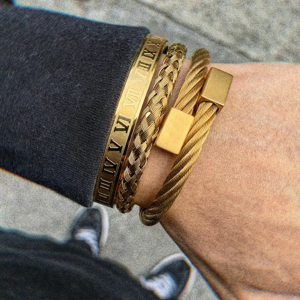 Luxury 3pcs/Set Stainless Steel Bracelet Hip Hop Men Jewelry Roman Number Charm  Gold Color Jewelry For  Men Pulseira Bileklik