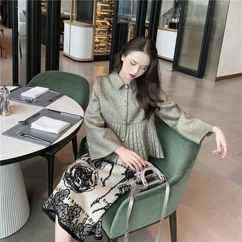

New Elegant Two-piece Women Suit Spring Lapel Pleated Jackets Printed High Waist Skirt 2 Piece Sets Fashion Pleated Matching Set
