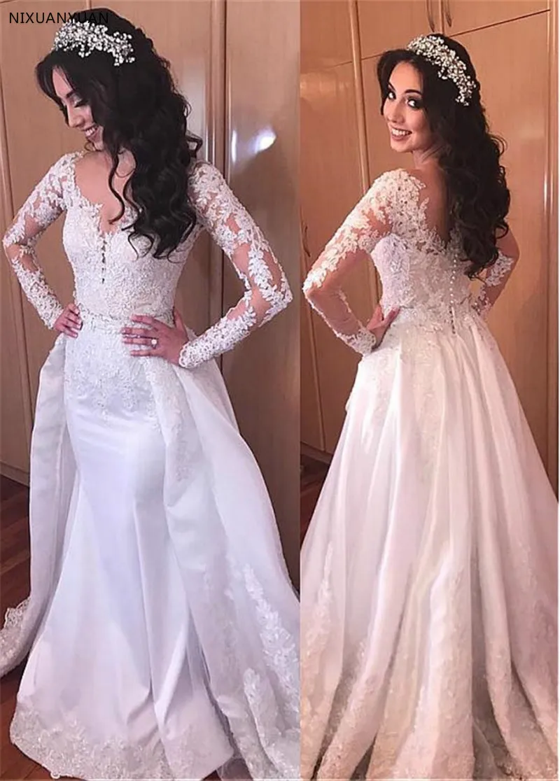 

NEW! Delicate Tulle & Satin Jewel Neckline 2 In 1 Wedding Dresses with Beaded Lace Appliques & Detachable Train Bridal Gowns