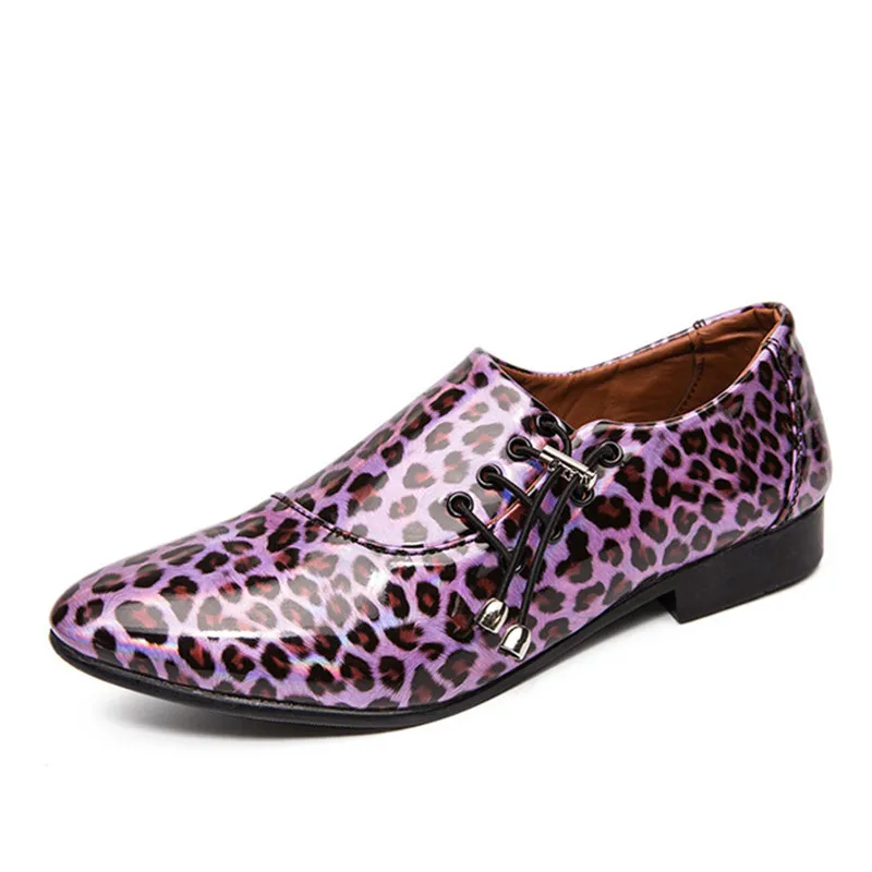 Мужская повседневная обувь на плоской подошве; Новинка года; дышащая обувь; Мужская обувь; лоферы в британском стиле; Модные леопардовые туфли на шнуровке - Цвет: Leopard purple