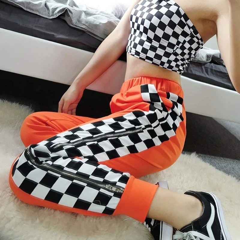 

ZOGAA Women Pants Side Checkerboard Zipper Orange Trousers Plaid Patchwork Pencil Pants Mujer Sporting Elastic Waist Streetwear