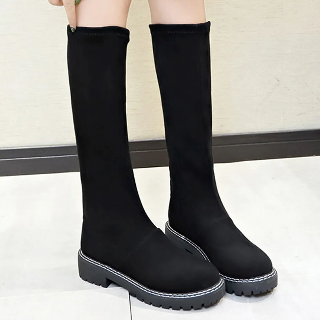 Женские высокие сапоги до колена из эластичной замши обувь с круглым носком