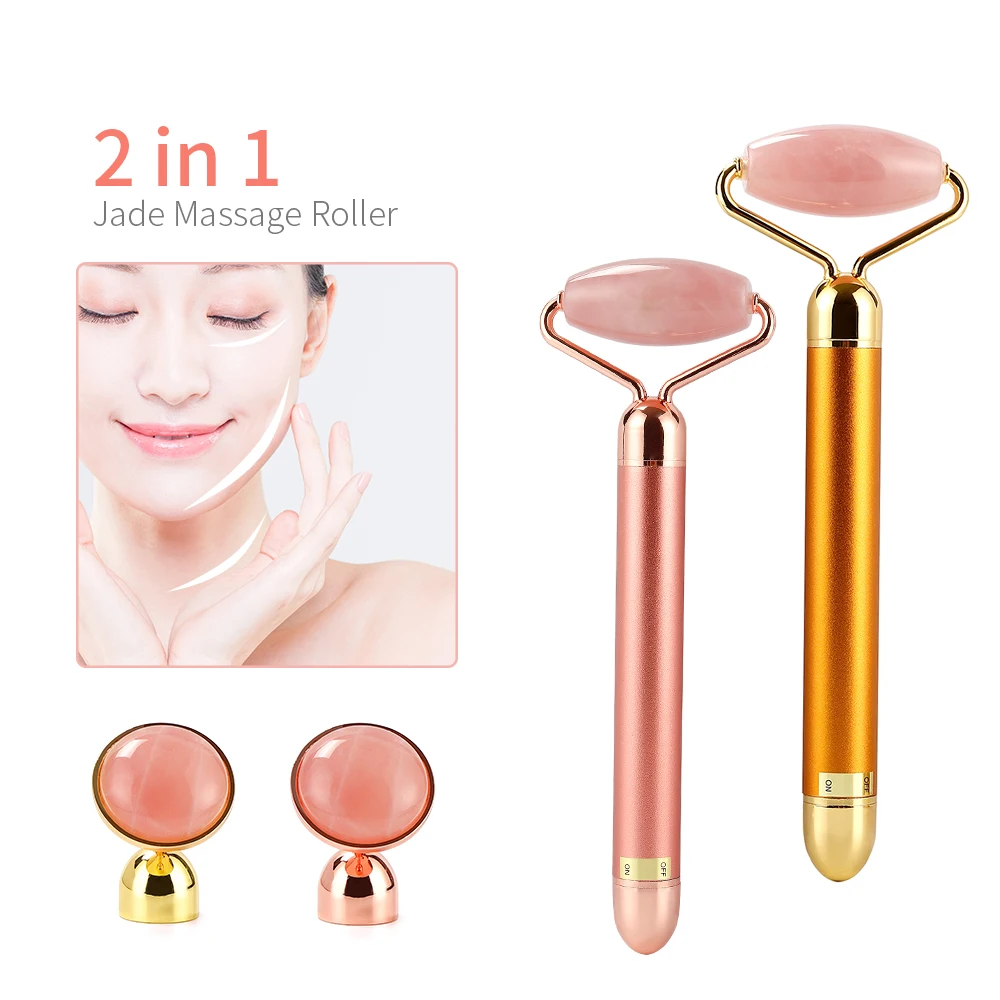 2 In 1 Electric Vibrating Natural Rose Quartz Jade Roller Face Eye Skin Anti Wrinkle Lifting Massage Promote Absorption Device | Красота и