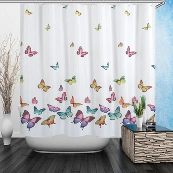 

1pc Shower Curtain Mildew Proof Waterproof Butterfly Printing Thick Polyester Curtain for Home