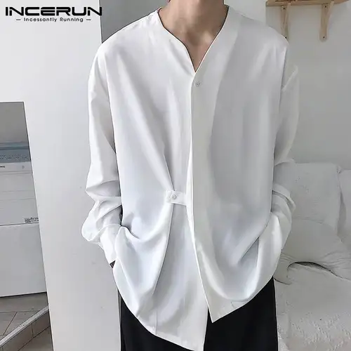 INCERUN 남성용 V넥 긴팔 셔츠, 단색 스트리트웨어, 한국 캐주얼 불규칙 셔츠, 2023 버튼, 루즈 캐미사, 패션 2