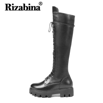 

RizaBina Women Genuine Leather Flats Boots Lace Up Warm Fur Shoes Winter Punk Knee High Boots Fashion Women Footwear Size 34-39
