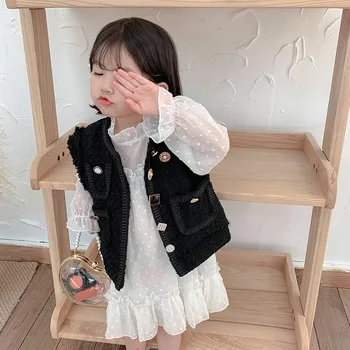 

Spring Autumn girls vest baby outwear children vest coat kids brand jacket woven gunny faux acrylic crystal ABC snaps 1 to 7 yrs