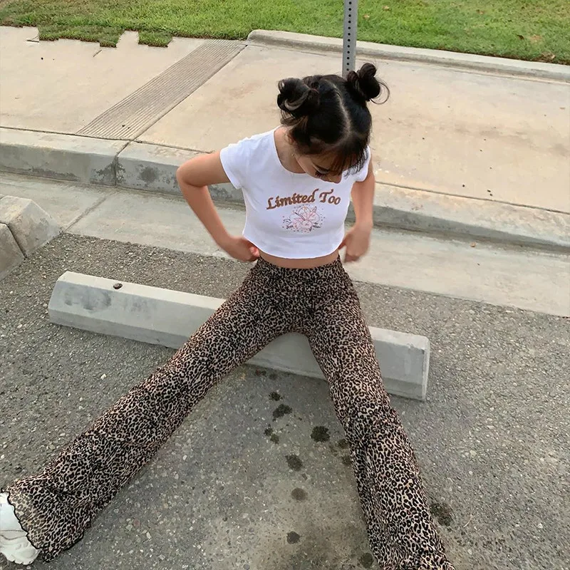 Y2K-pantalones ajustados de leopardo para mujer, pantalón de chándal de dos capas, de malla, para primavera