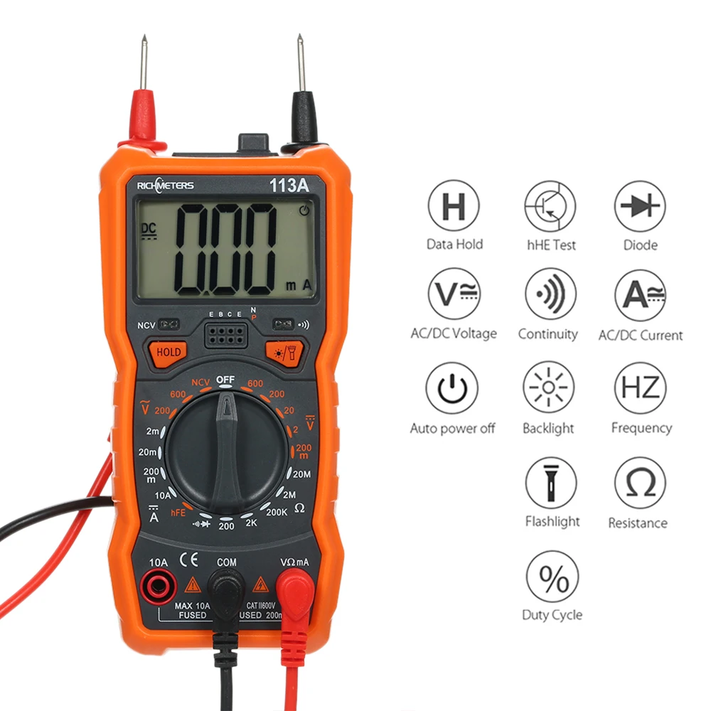 RICHMETERS RM113D NCV Цифровой мультиметр 6000 отсчетов Автоматический диапазон AC/DC измеритель напряжения вспышка светильник задний светильник большой экран диод