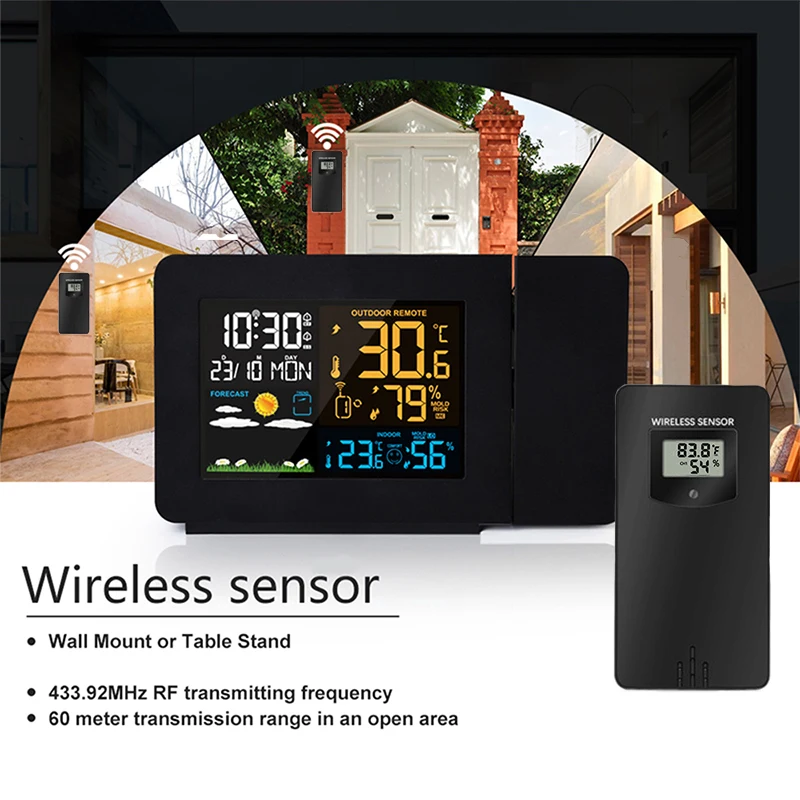 

Projection Alarm Clock Weather Station Snooze Function Colorful Backlight Desk Table Led With Temperature Humidity Sensor