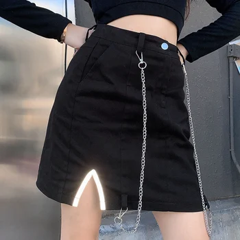 

Chain Reflective Webbing Slit Skirt For Women Autumn Spliced High Waist Streetwear Female Black Skirts 2020 Fashion Lady Bottoms