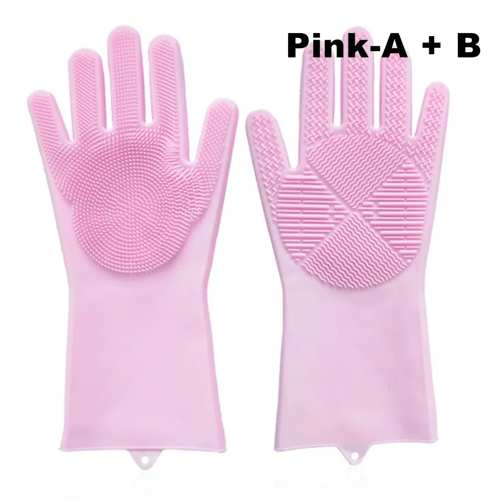 Силиконовые перчатки для мытья посуды волшебный, резиновый очистки перчатки многоразовые тип стирки перчатки для Кухня, Ванная комната, домашних животных, автомобиль(розовый - Цвет: Pink A and B