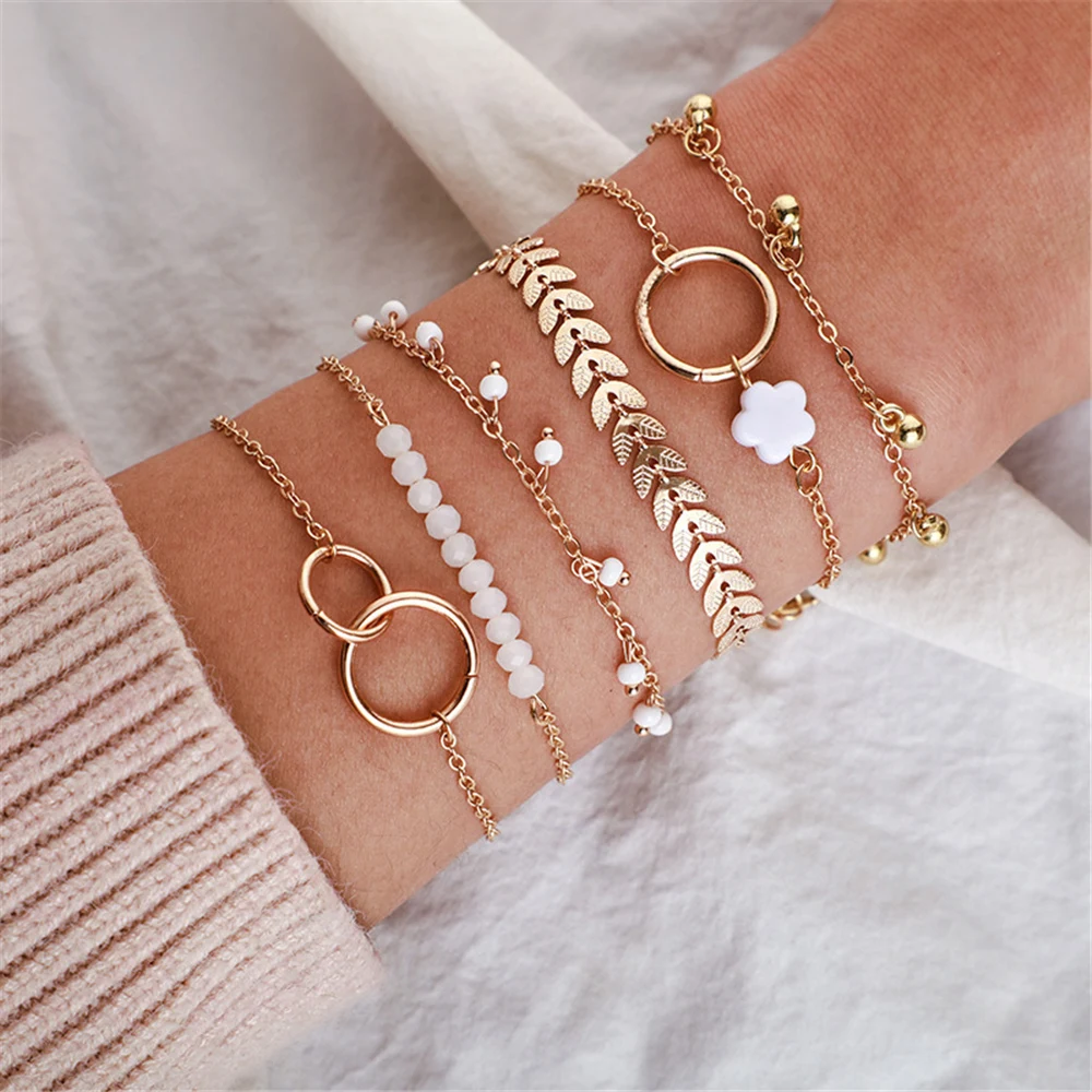 Bohemian Gold Tassel Bracelets for Women Boho Jewelry Geometric Leaves Arrow Beads Layered Hand Chain Charm Bracelet Set | Украшения и