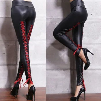 

Sexy High Waist Leggings Punk Lace-Up Leggins Female Pants Pu Leather Legginsy Autumn Elastic Bandage Stretch Leggings Legging
