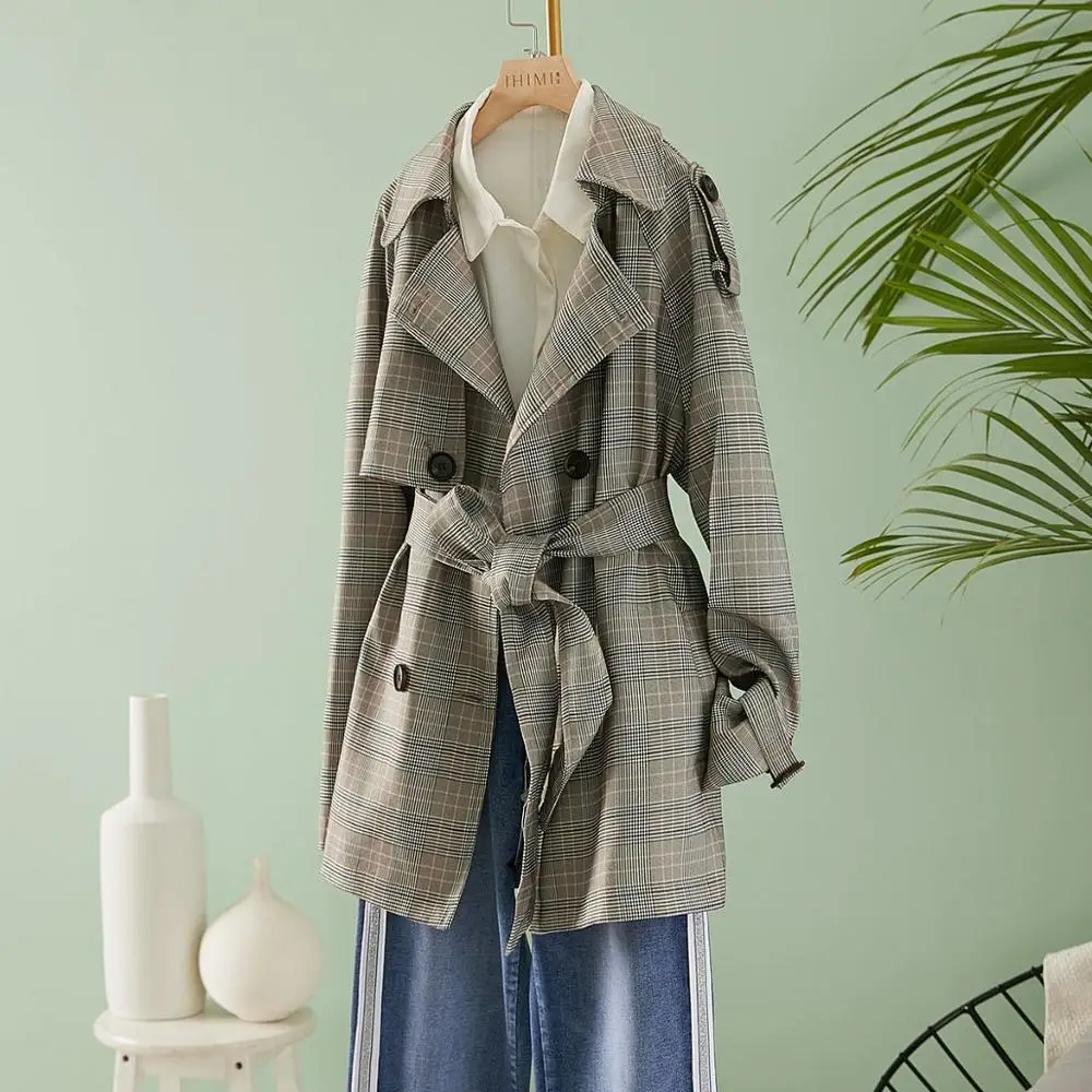 

New Quality Women Autumn Winter Sashes Blazer Trench Coat Female Vintage Elegant Office Ladies Cloak Plaid Topcoat for Women