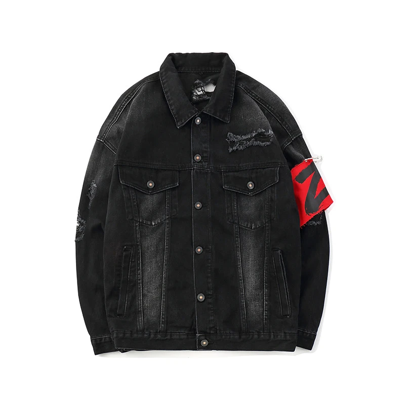 Sokotoo Men's loose letters printed jean jacket Trendy streetwear holes ripped denim coat Patchwork outerwear