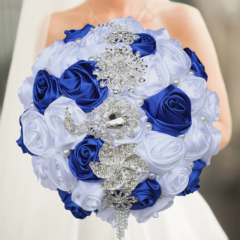 Details about   9" Royal Blue Brooch Bouquet Bride Wedding Rose W/ Pearl Jewel Rhinestone Ribbon 