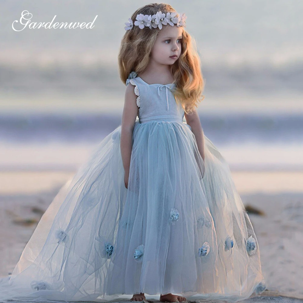 blue tulle flower girl dress