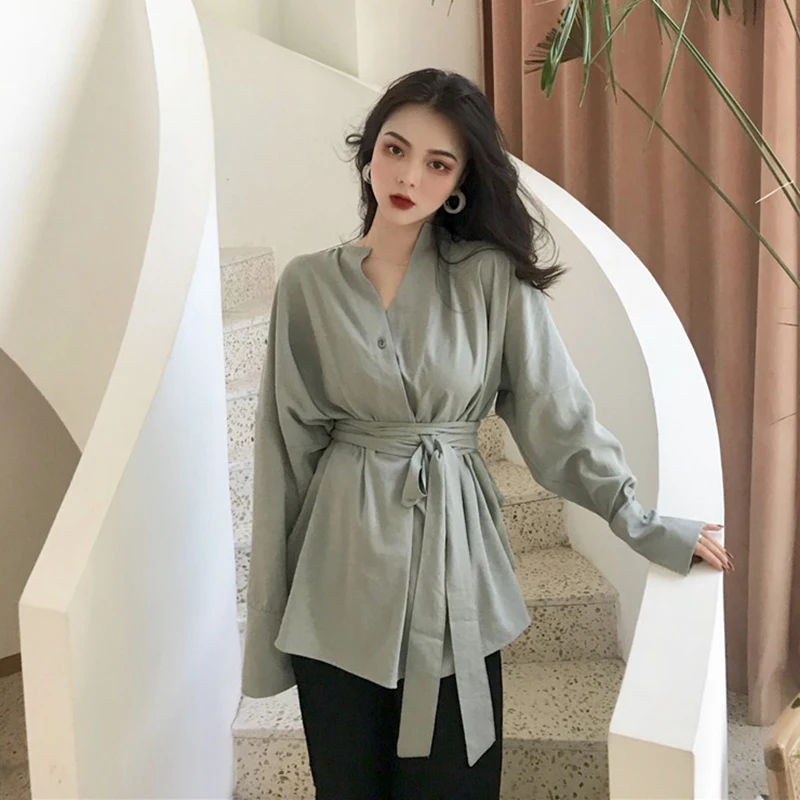 

2019 V-neck Sexy Blouse Shirts Ladies Office Elegant Belt Long Sleeve Blouses Women Autumn Winter Vintage Blusa Female