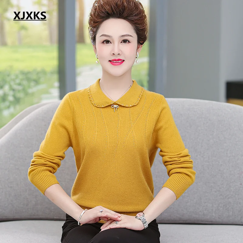 

XJXKS 2022 autumn winter new fashion lapel women sweater loose plus size high-end women 100% wool knitted sweater