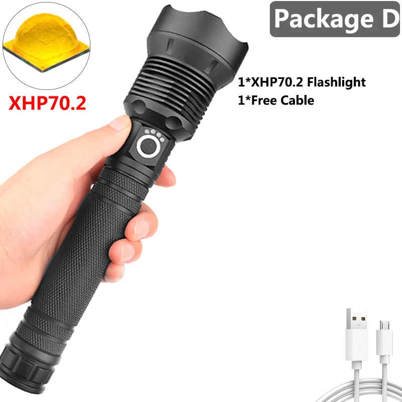 Package D Яркий светодиодный фонарь Xlamp XHP70.2 XHP90, супер мощный фонарь, USB XHP50, фонарь с зумом, 18650, 26650, перезаряжаемый аккумулятор - Испускаемый цвет: Package D