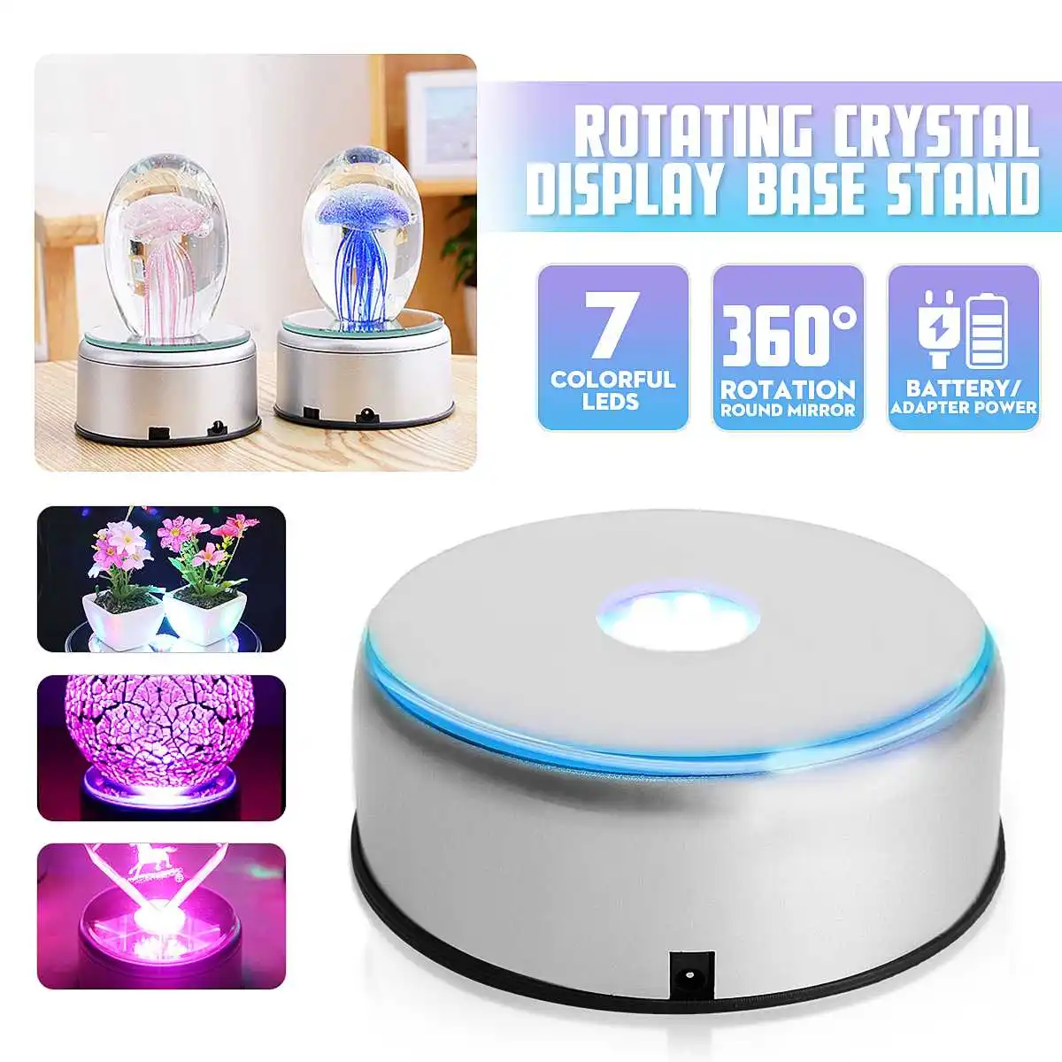 

Newest Colorful Luminous Base 7 LED Light Electric Light Rotating Base Display Stand Crystal Light Base Ornament with Adapter