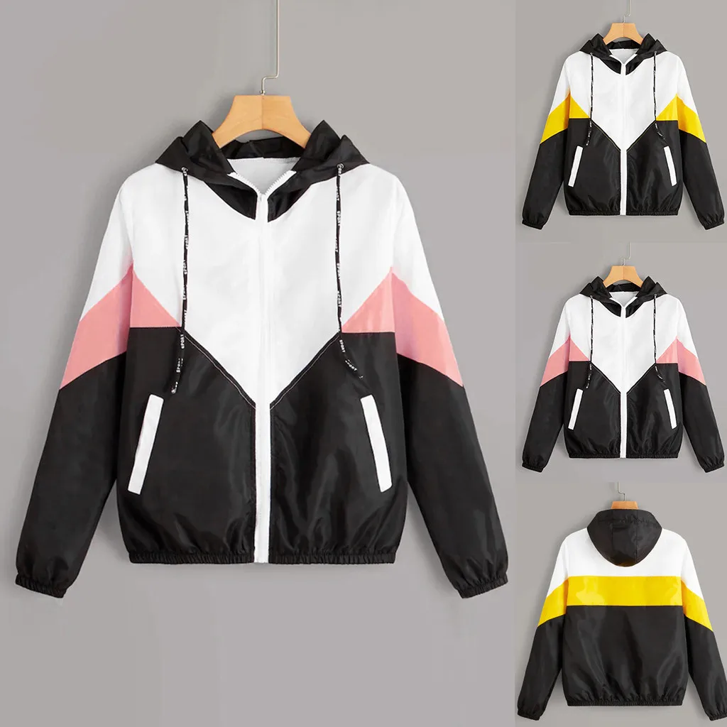 

Female Jacket Autumn Winter Casual Sweatshirt Long Sleeve Zipper Color Patchwork Thin Skinsuits Hooded Coat chaqueta mujer#3s