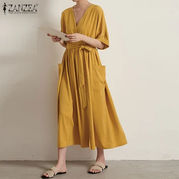 

ZANZEA 2020 Summer Sundress Women Half Sleeve V Neck Mid Calf Vetidos Ladie Casual Long Tunic Sundress Solid Pockets Belted Robe