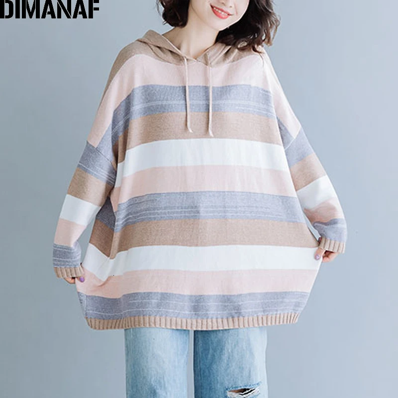 DIMANAF Plus Size Women Sweater Winter Pullovers Hooded Knitting Cotton Fashion Striped Loose Oversize Lady Tops Female Clothes DIMANAF Plus Size Women Sweater Winter Pullovers Hooded Knitting Cotton Fashion Striped Loose Oversize Lady Tops Female Clothes