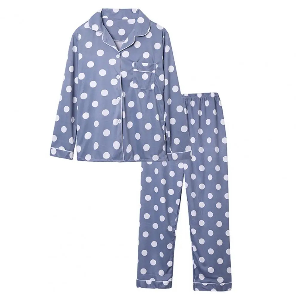 Women Pajamas Set Lapel Elastic Waist Two Piece Dot Print Single-Breasted Blouse Pants for Home Wear Casual