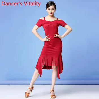 

Latin Dance Adult Professional Training Outfits Women Off Shoulder Top Tassel Skirt Samba Tango Cha Cha Dancing Practice Clothes