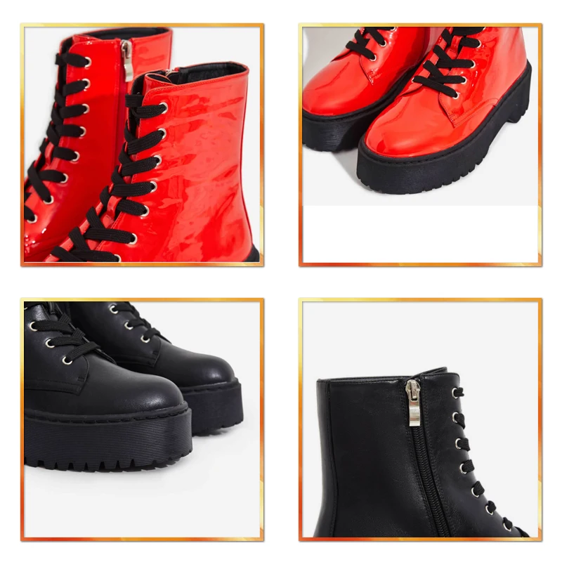 Байкерские ботильоны на шнуровке; цвет красный, черный; женские ботинки на плоской платформе осенне-зимняя обувь на толстом каблуке 5 см Женская обувь; botines mujer;